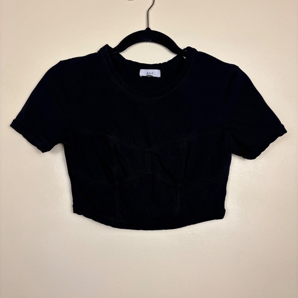 A.L.C. Wren Tee Crop Top Womens Size XS Black‎ Cotton Corset Short Sleeve Chic - Picture 2 of 7